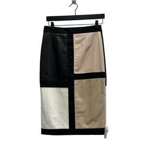 Sarah Stewart Faux Leather Pencil Skirt Size XS Black Tan Cream Colorblock